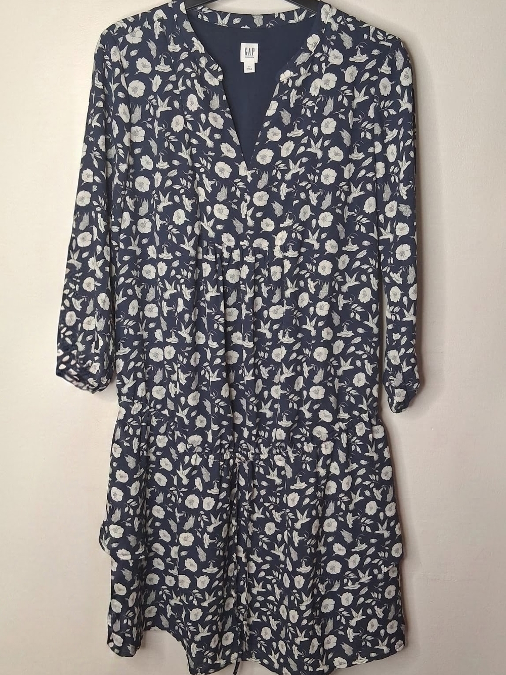 Gap Maternity Bird Floral Drawstring Dress Navy Small